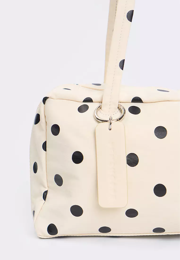 Nylon Polka Dots Bowler Shoulder Bag with Leather Charm