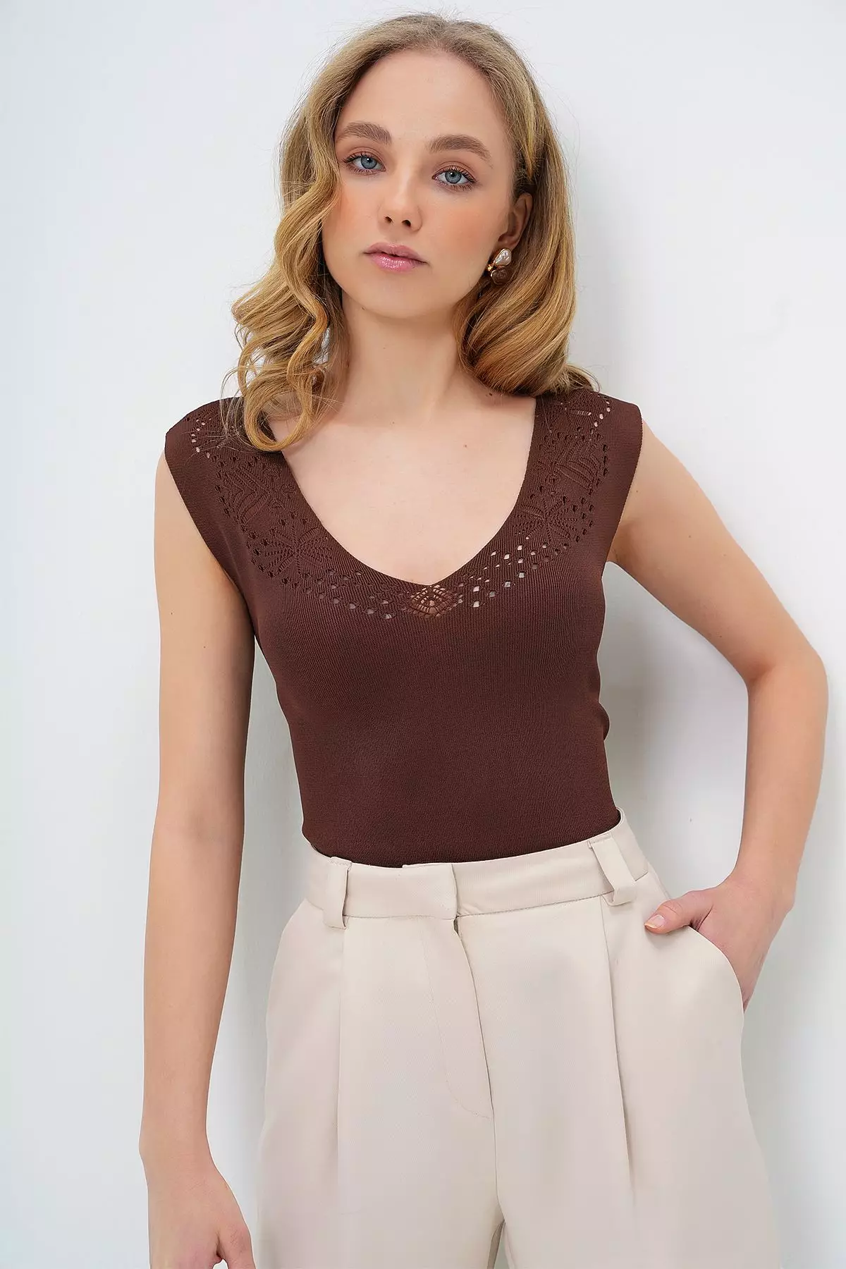 Women's Brown Front Back V-Neck Openwork Summer Knitwear Blouse