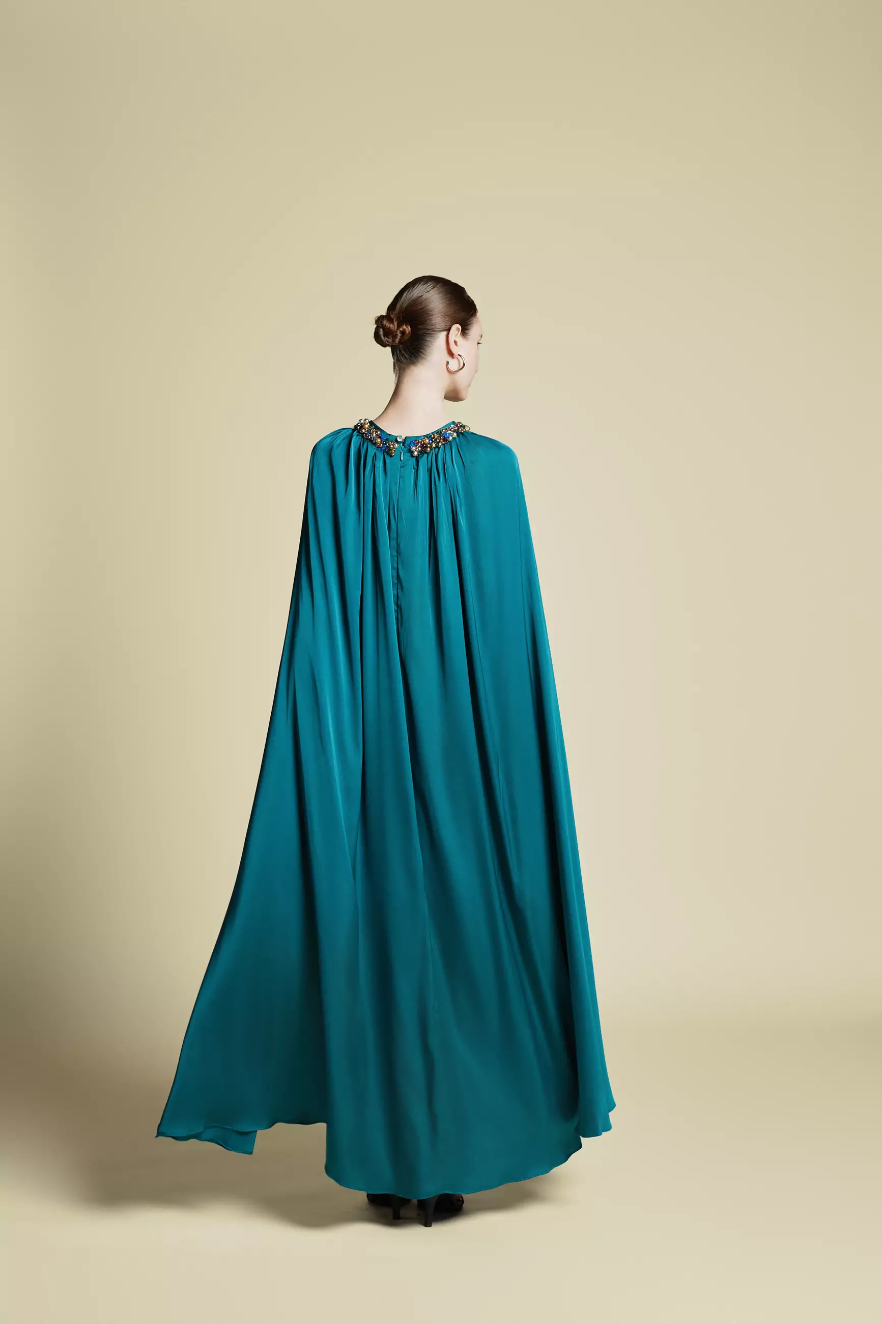 Demure Signature - Crystal Embellished Cape Kaftan in Italian silk Twill Emrald Green - Dress