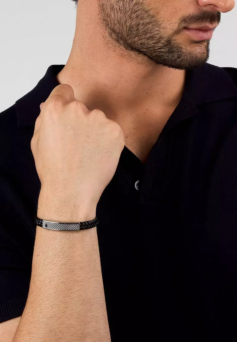 Maserati Leather Bracelet ,Men's Jewels ,Stainless Steel,19+3.5cm，BLACK Leather，JM525AVE36（Adjustable）