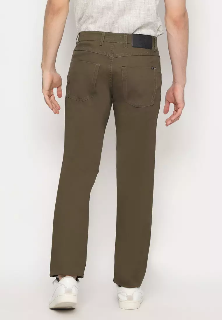 POLICE Celana Chino Panjang V Pocket Olive Regular Fit Cotton Premium Pria