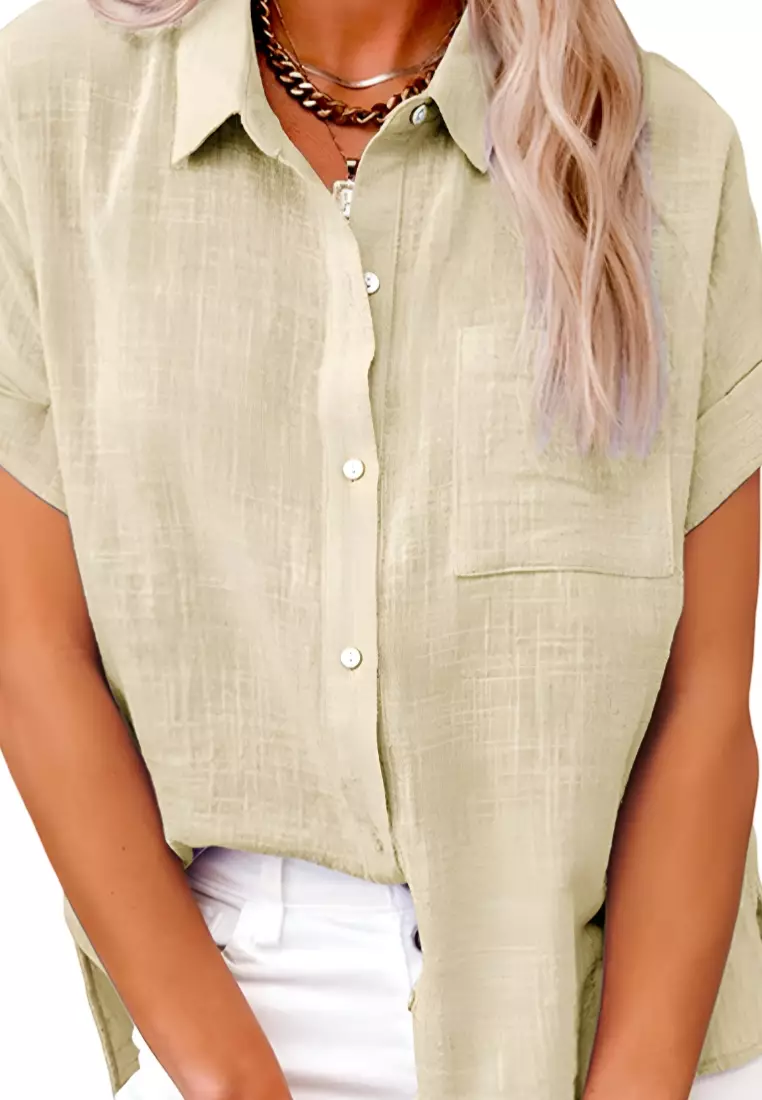 New Top Cotton And Linen Pocket Short-Sleeved Shirt