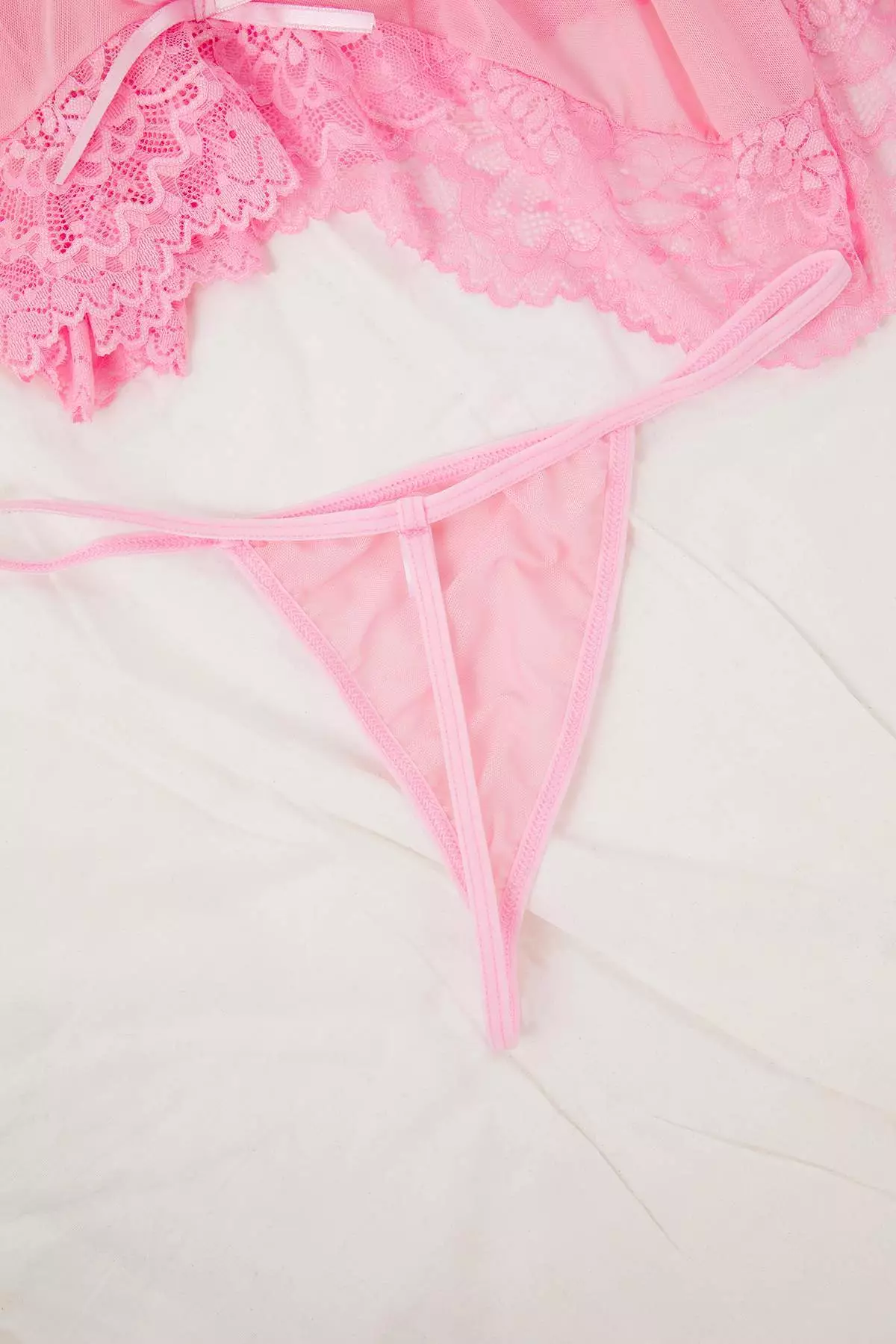 Pink Tulle Ribbon/Bow And Lace Detailed Uncovered Pantyhose Babydoll/Fantasy Nightgown