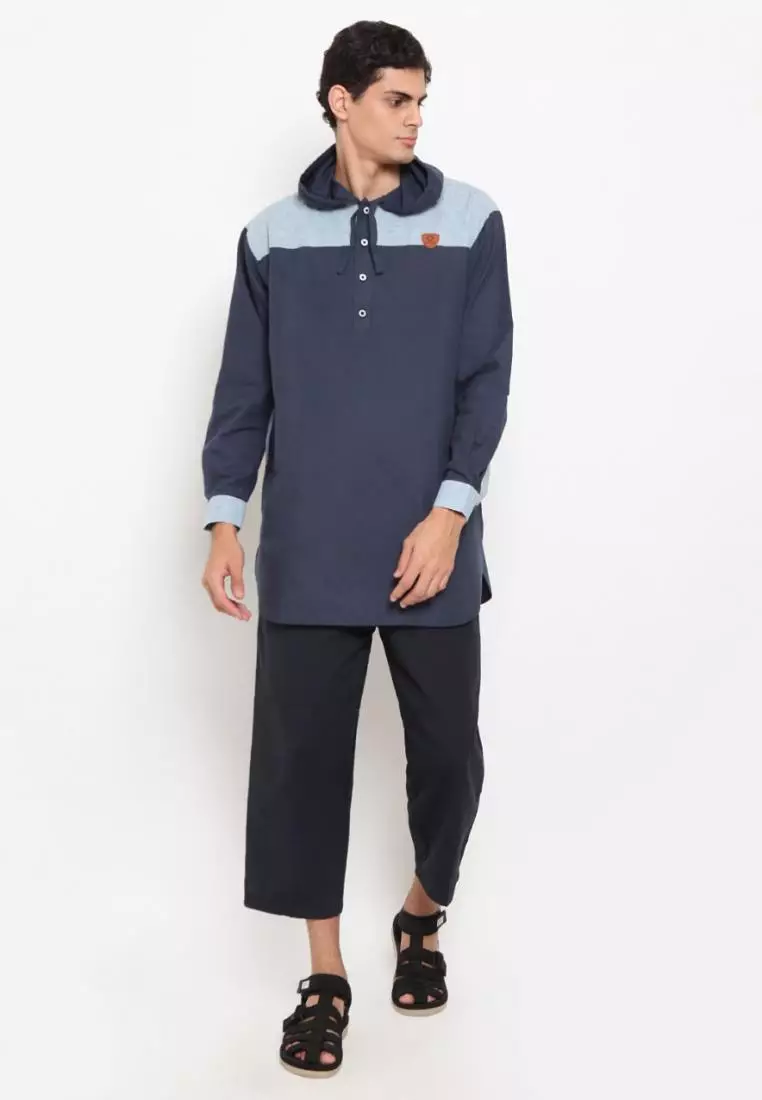 Zayidan Baju Koko Gamis Muslim Pria Zubair Hoodie - Biru Navy