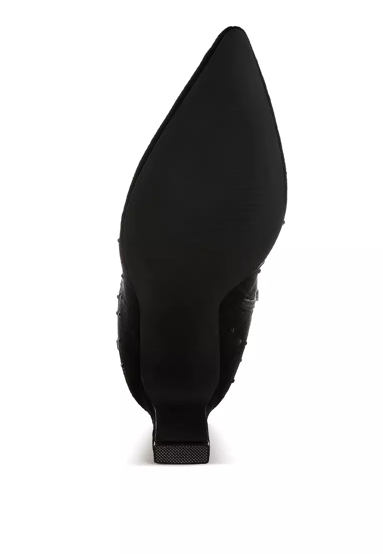 Sepatu bot mikrofiber berhias berlian imitasi berwarna hitam