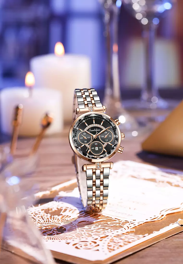 Jam Tangan Wanita Original B005 Kalendar Anti Air Berlian Kuarsa Tali Stainless Steel Jam Tangan Cewek roseblack