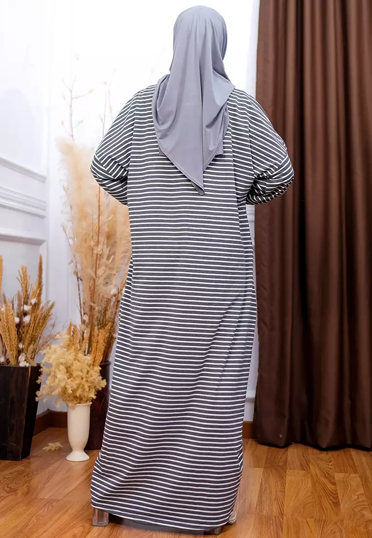 JV Hasanah New Abaya Shireen Big Stripes Dress Darkgrey | Gamis Abaya Oversize Busui Lengan Batwing Full Karet