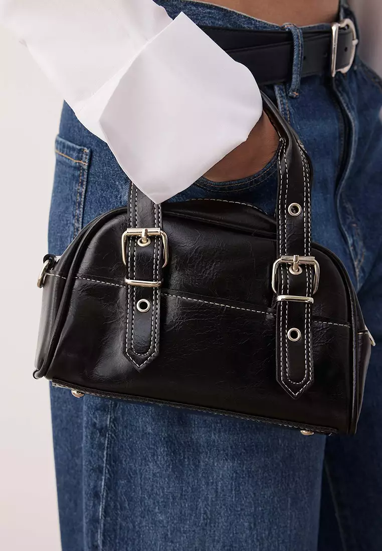 Black Contrast Stitched Women's Bowling Small Mini City Hand And Shoulder Bag