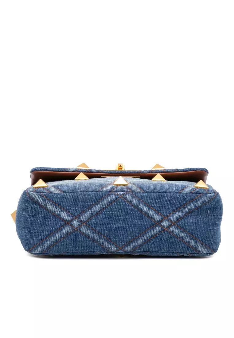 Pre-Loved Valentino Medium Denim Roman Stud Satchel