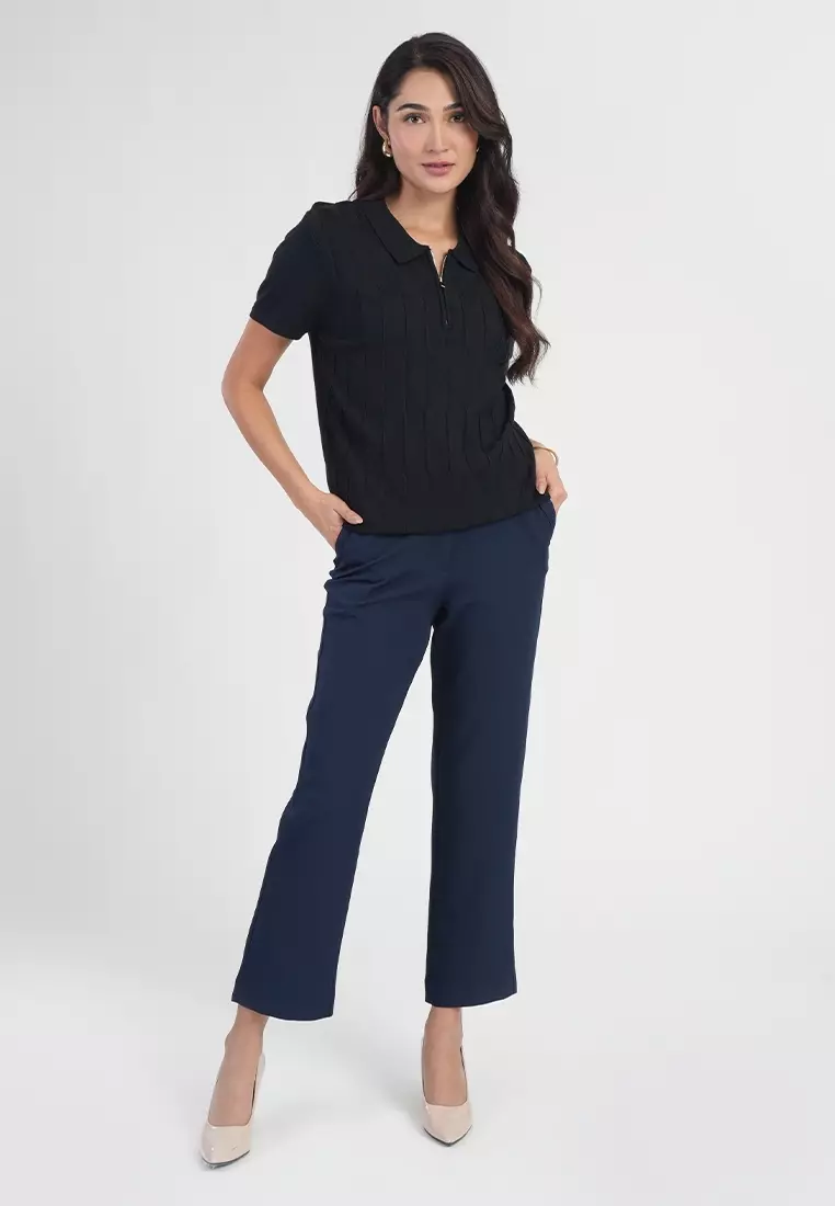 Maren Short Sleeves Polo Neck Diamond Knit Zip Top