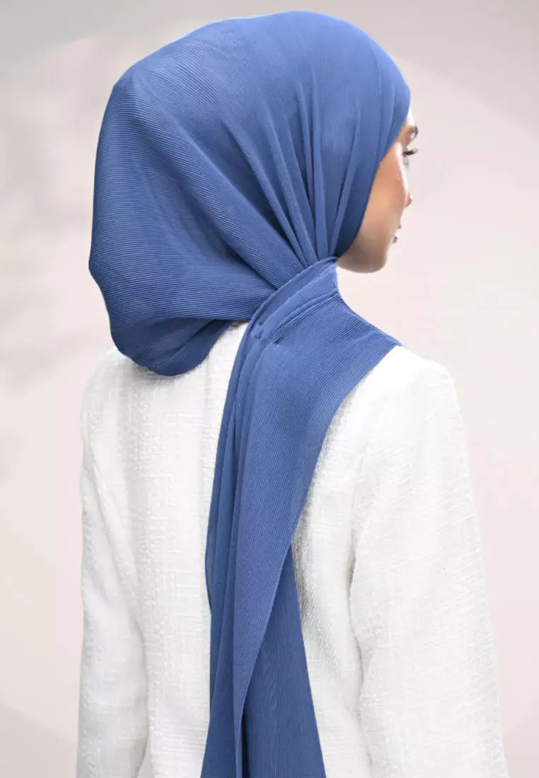 Hijab Wanita Full Pleats Plain Shawl Syal Wanita Plisket Denim Blue