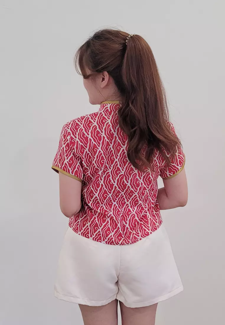 Ivory Cheongsam Top in Red Stamped Batik