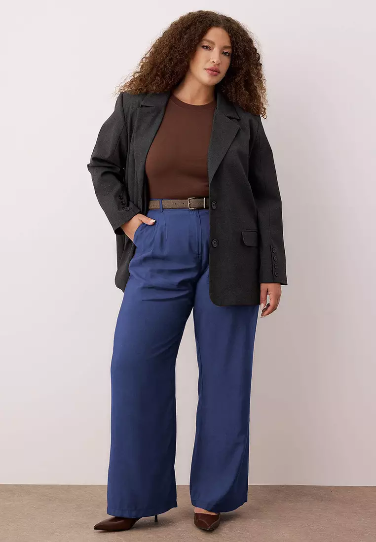 Navy Blue Double Pleated High Waist Wide Leg Summer Woven Pants Tbbss25Ar00021