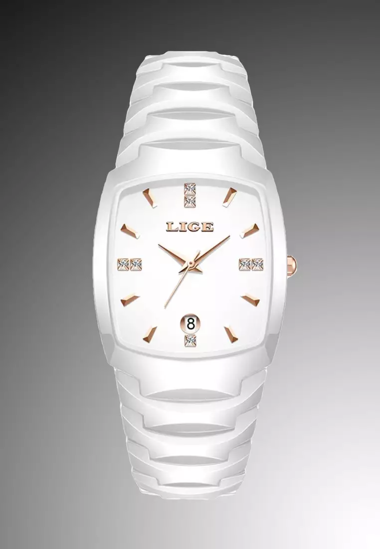 Unisex Alloy Quartz Watch, 43x32mm, White Dial, Ceramic Bracelet