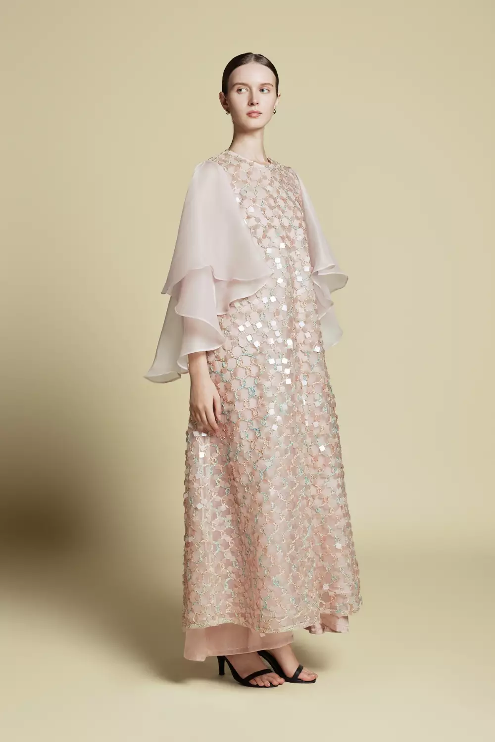 Demure Signature - Ethereal Embroidered Tulle  kaftan Dress Light Pink