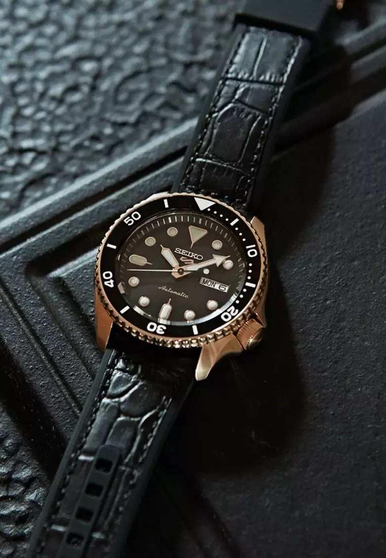Seiko 5 Sports SKX Series Black Dial With Rose Gold Accents Black Silicone Band Automatic Watch SRPD76K1