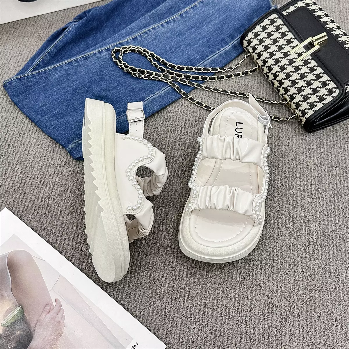 Sandal Flat Kaki Lebar Motif Mutiara Wanita Sendal Cewek WL210