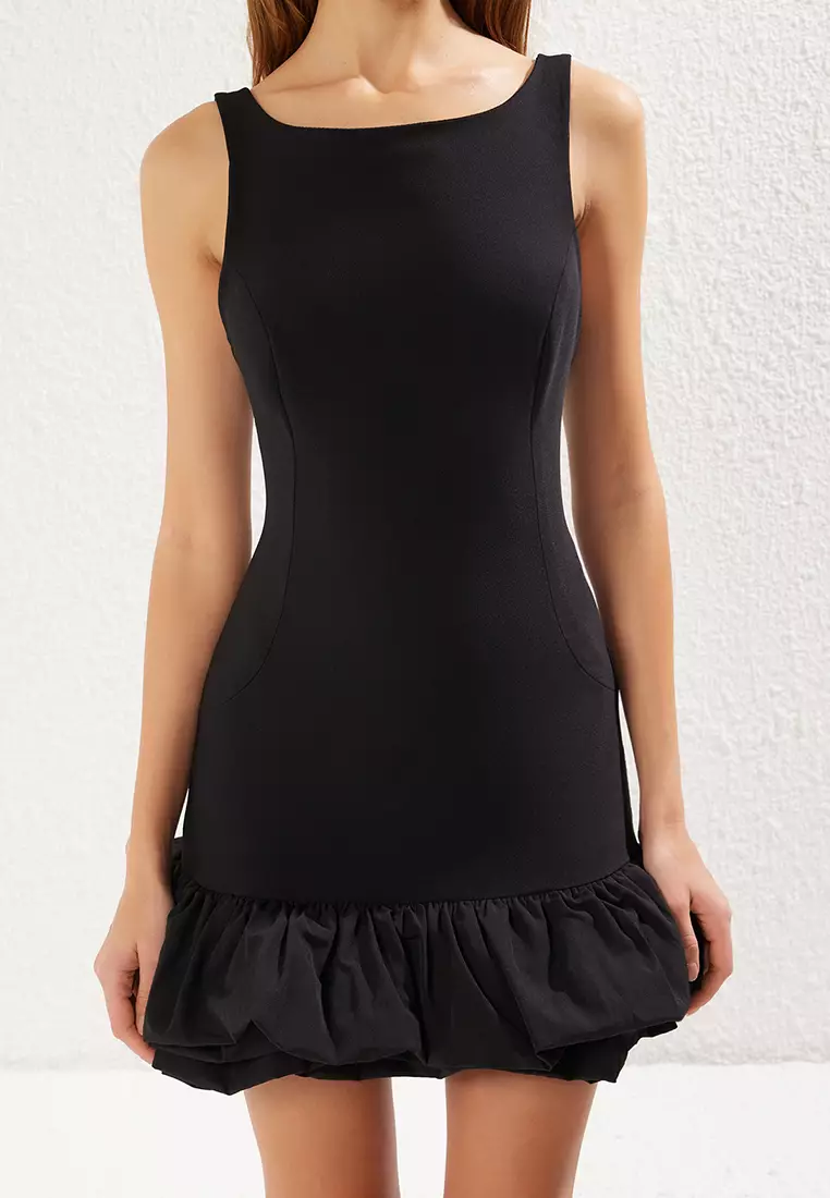 Black Balloon Skirt Detailed Woven Short Dress With Shorts Lining