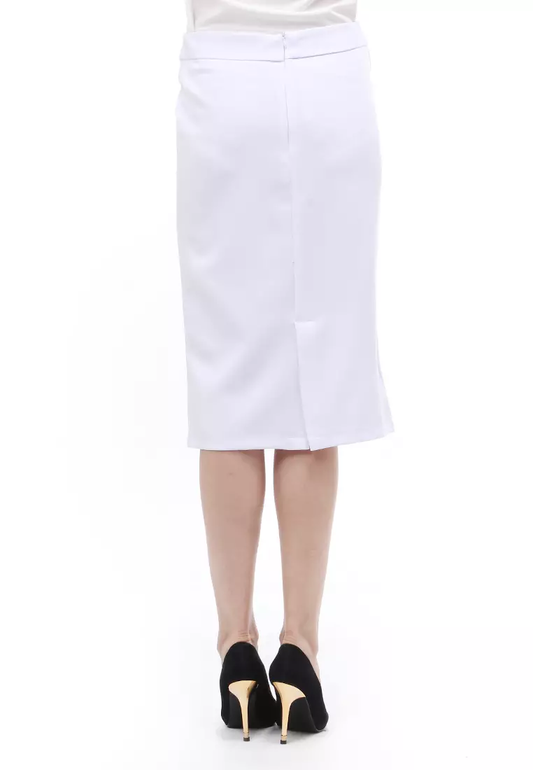 Rok Span 7/8 Design Formal Motif Polos Skirt Kerja Bawahan Wanita - Putih