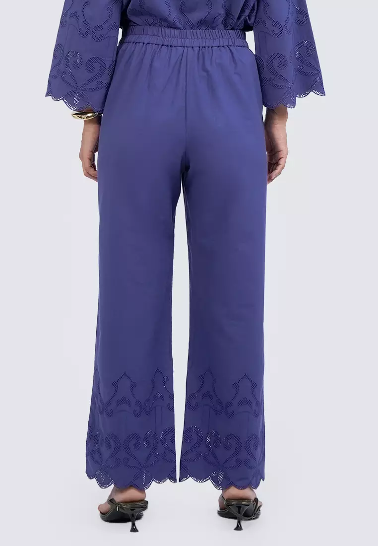 Embroidered Pants with Scallop Hem NAVY