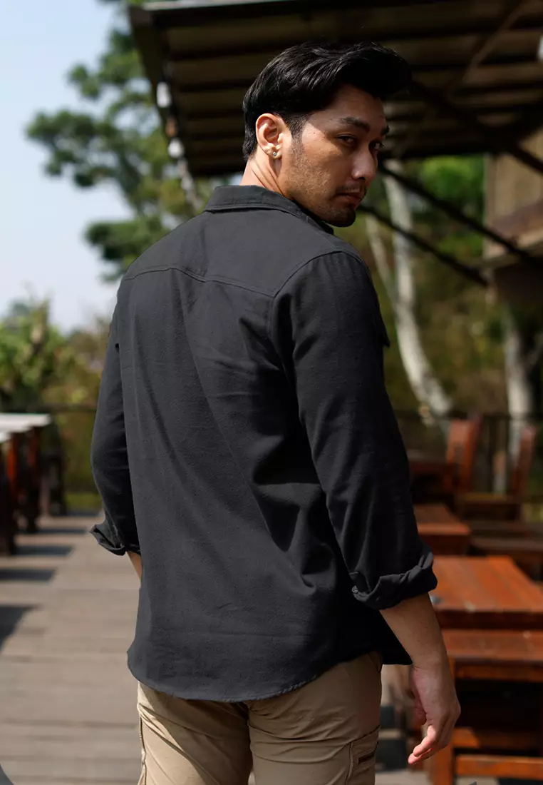 OXCON Utility Double Pocket Authentic Kemeja Flannel Shirt Monotone Black
