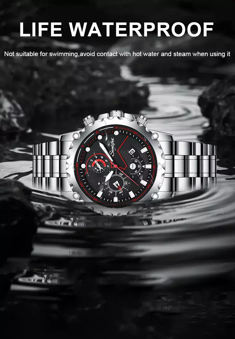 Jam Tangan Pria Original 9032 Anti Air Olahraga Kalender Tali Stainless Steel Jam Tangan Cowok silverblack