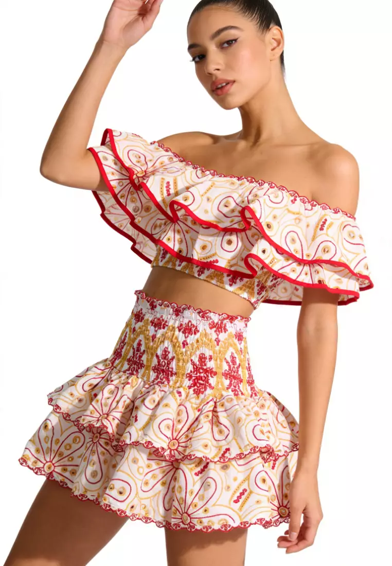 Off Shoulder Eyelet Embroidery Two-Piece Set CA26022443RD