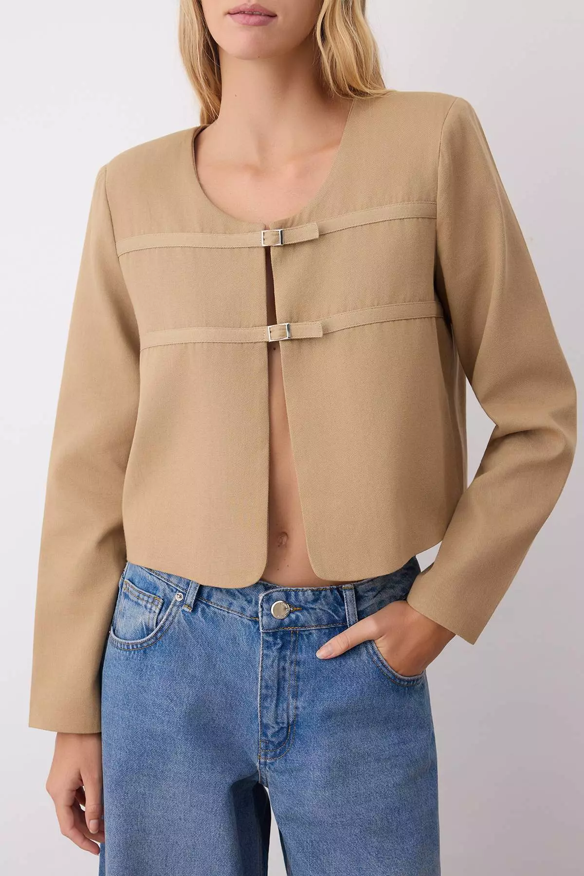 Beige Gabardine Denim Look Thin Seasonal Jacket Twoaw26Ce00019