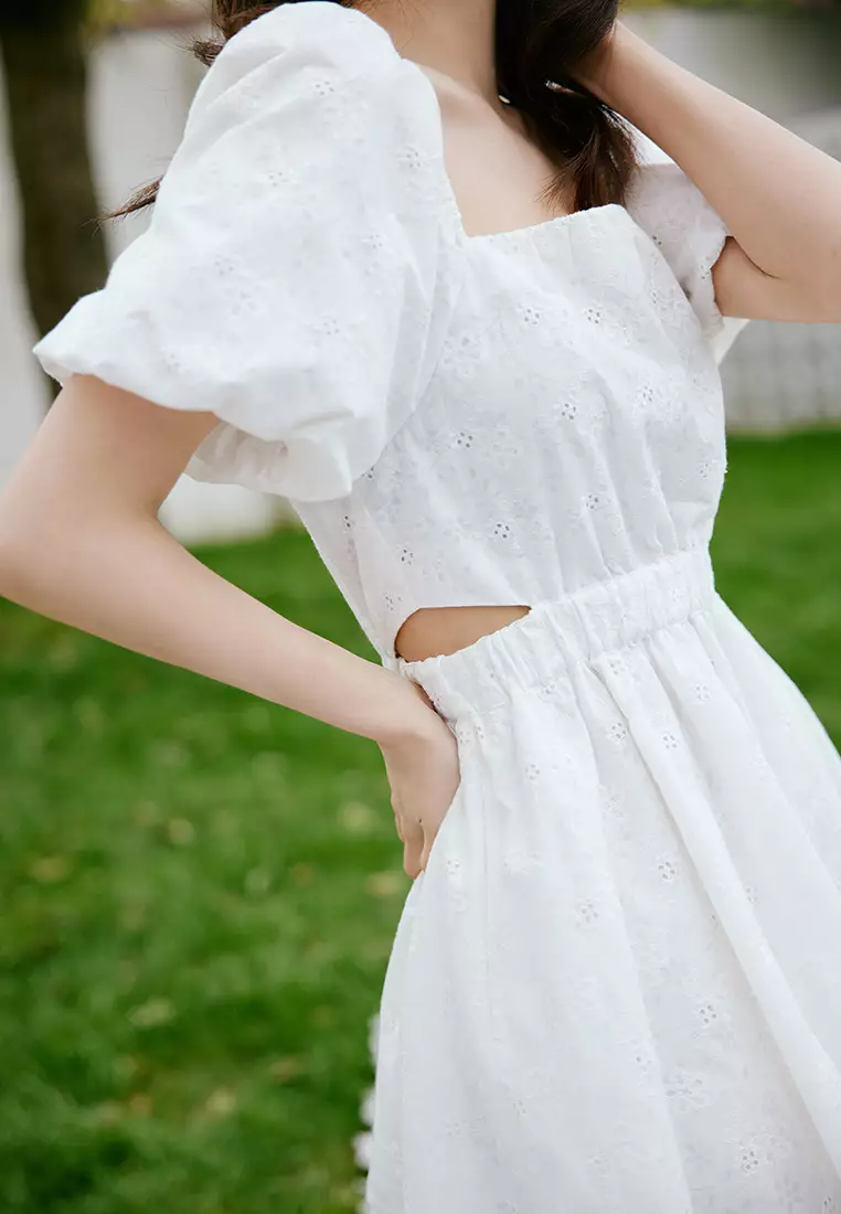 Puff Sleeve Summer Dress with Waist Slit Design