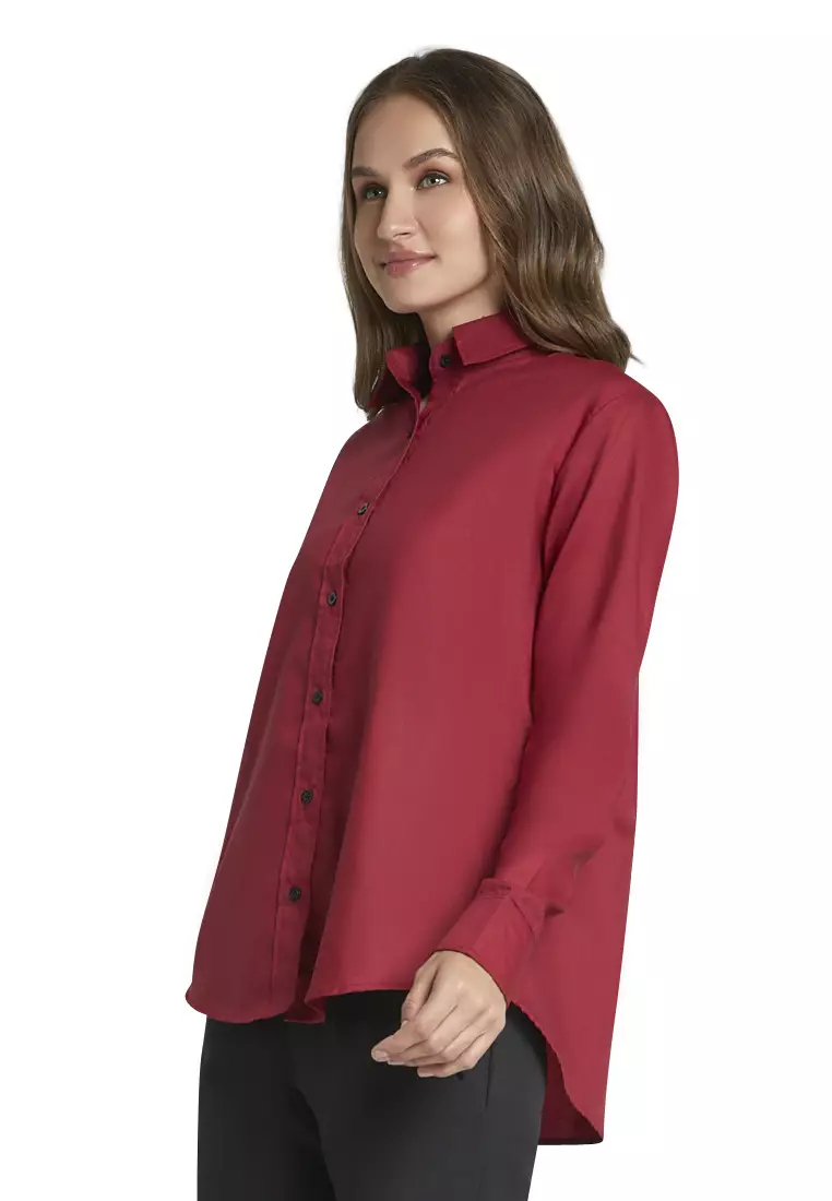 Zwetta Kemeja Lengan Panjang Plain Shirt Basic Atasan Wanita Regular Fit - Maroon