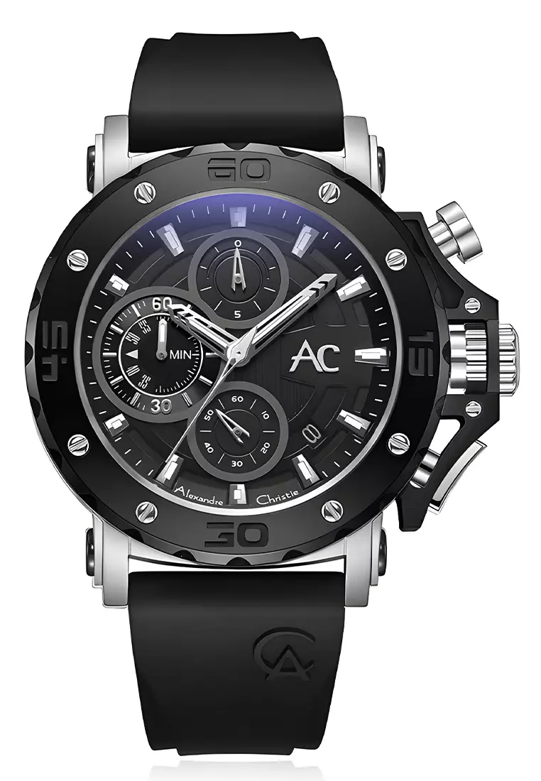 Alexandre Christie Collection - Jam Tangan Chronograph Pria - Silver Case - Black Rubber Strap - 9205MCRTBBA