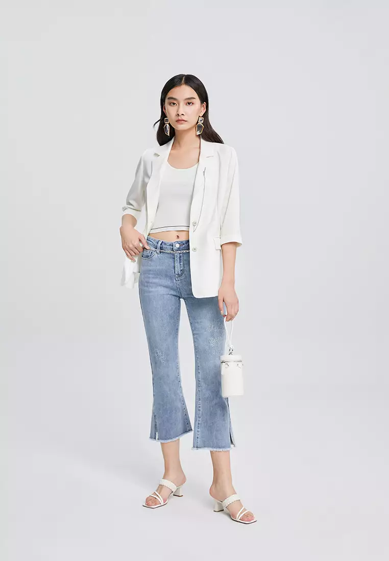 White capri jeans with fringe on sale
