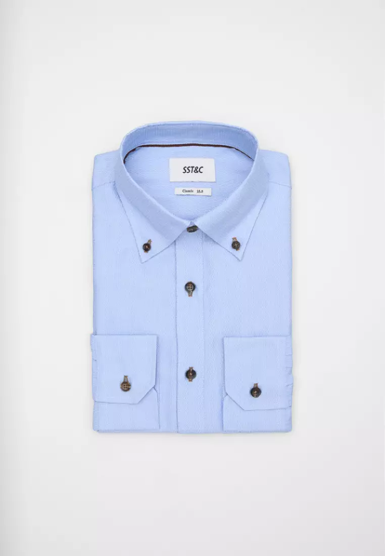 淺藍色織紋標準版長袖襯衫