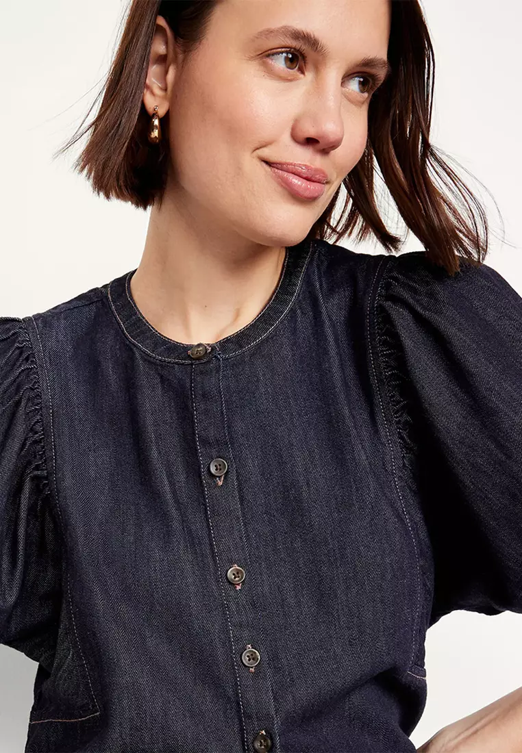 Button-Down Puff-Sleeve Denim Shirt