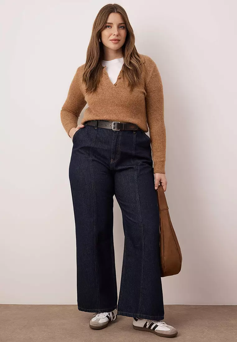 Dark Blue Stitching Detail High Waist Plus Size Wide Leg Jeans Tbbaw26Cj00054