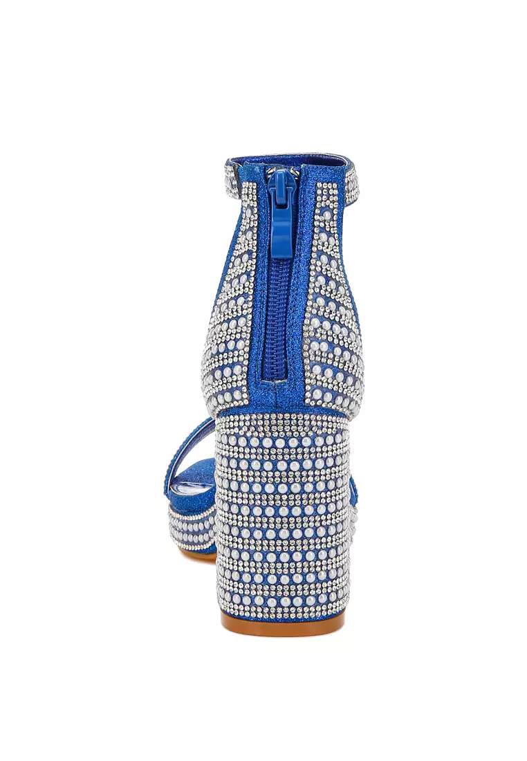 Sandal Berlian Imitasi Dan Hiasan Mutiara Warna Biru