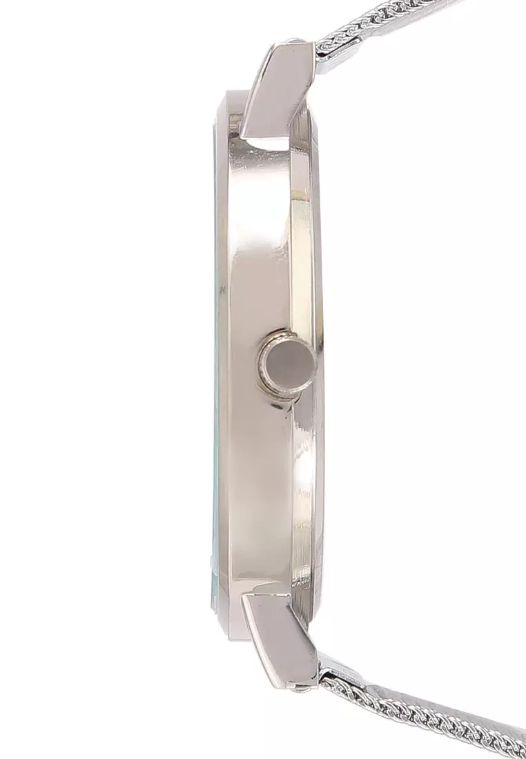 Round Face Silver White Mesh Strap Watch