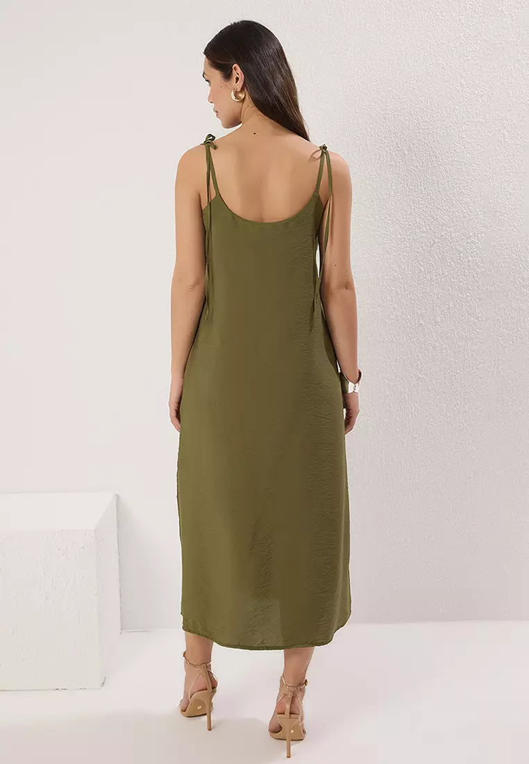 Khaki Straight Cut Slit Strap Midi Woven Dress TWOSS23EL00413