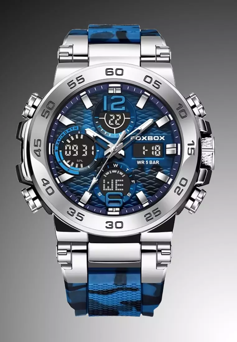 FOXBOX Military Style Chronograph, Unisex Digital/Analogue Quartz Watch, Camouflage Silicone