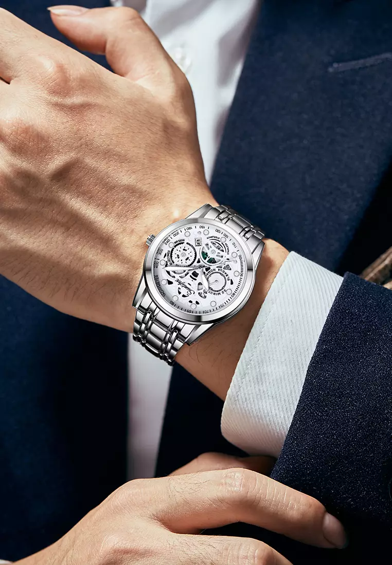 Jam Tangan Pria Anti Air Kuarsa Original Tali Stainless Steel Bisnis Santai Jam Tangan Cowok silver white