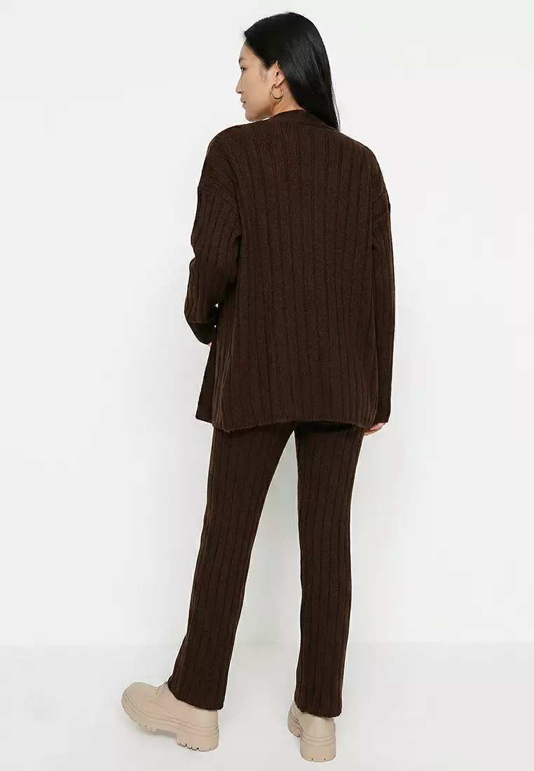 Brown Wide fit Soft Textured Knitwear Top-Top Set TWOAW22AU0128