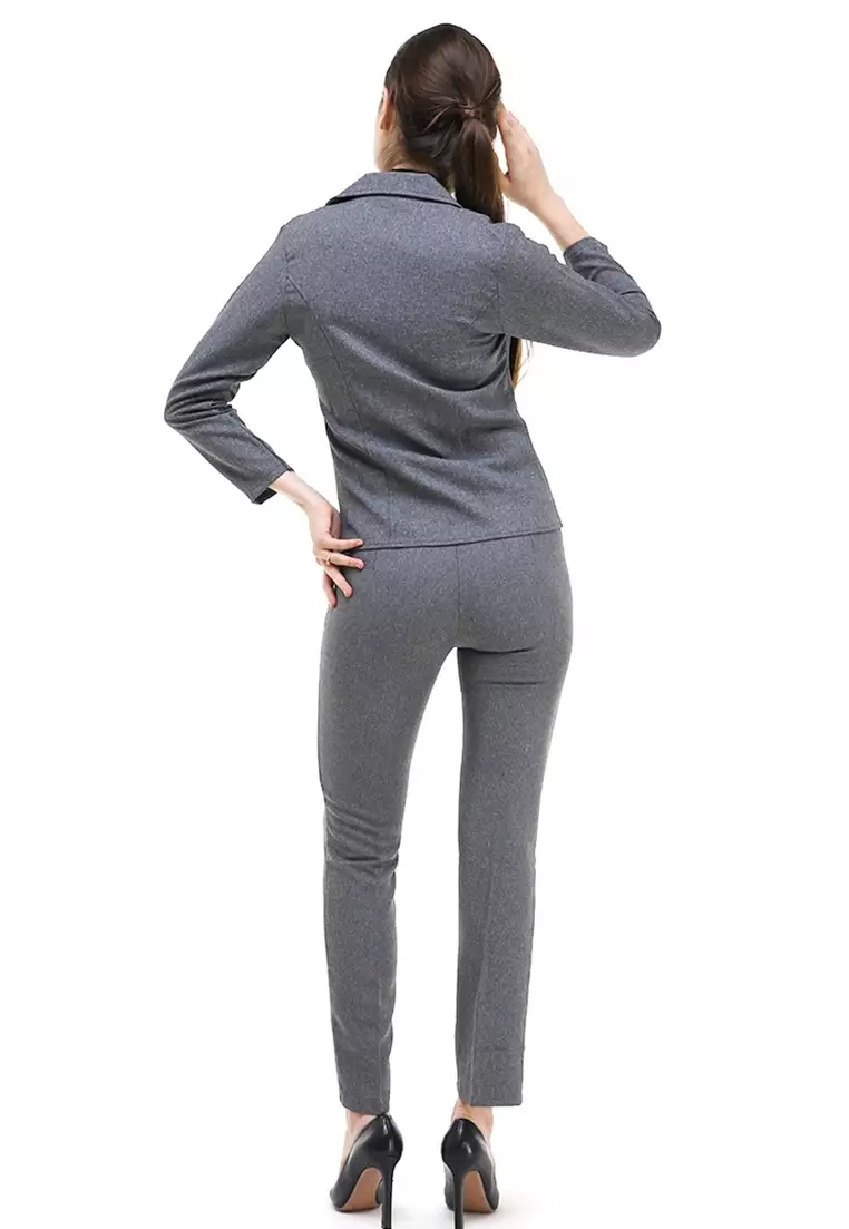 Nicrely Setelan Blazer Celana Wanita One Set Longsleeve Suit Long Pant Material Semi Stretch ORIGINAL - Gray