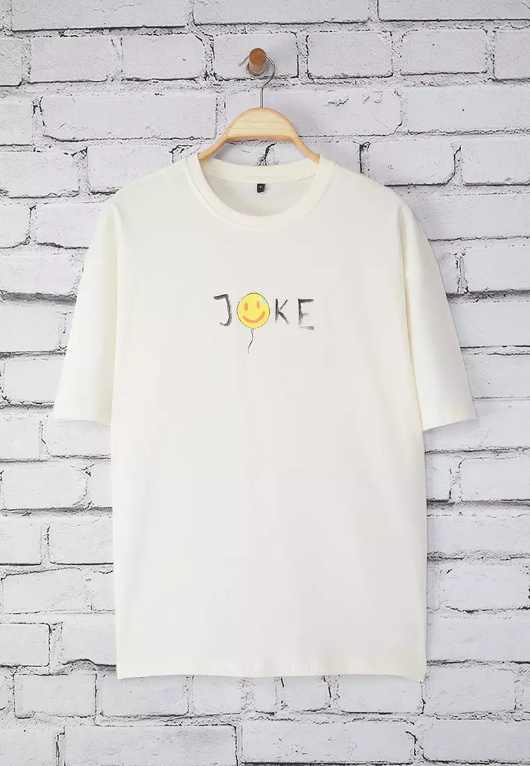 Ecru Oversize/Wide Cut Joke Printed Short Sleeve 100% Cotton T-Shirt TMNSS25TS00170
