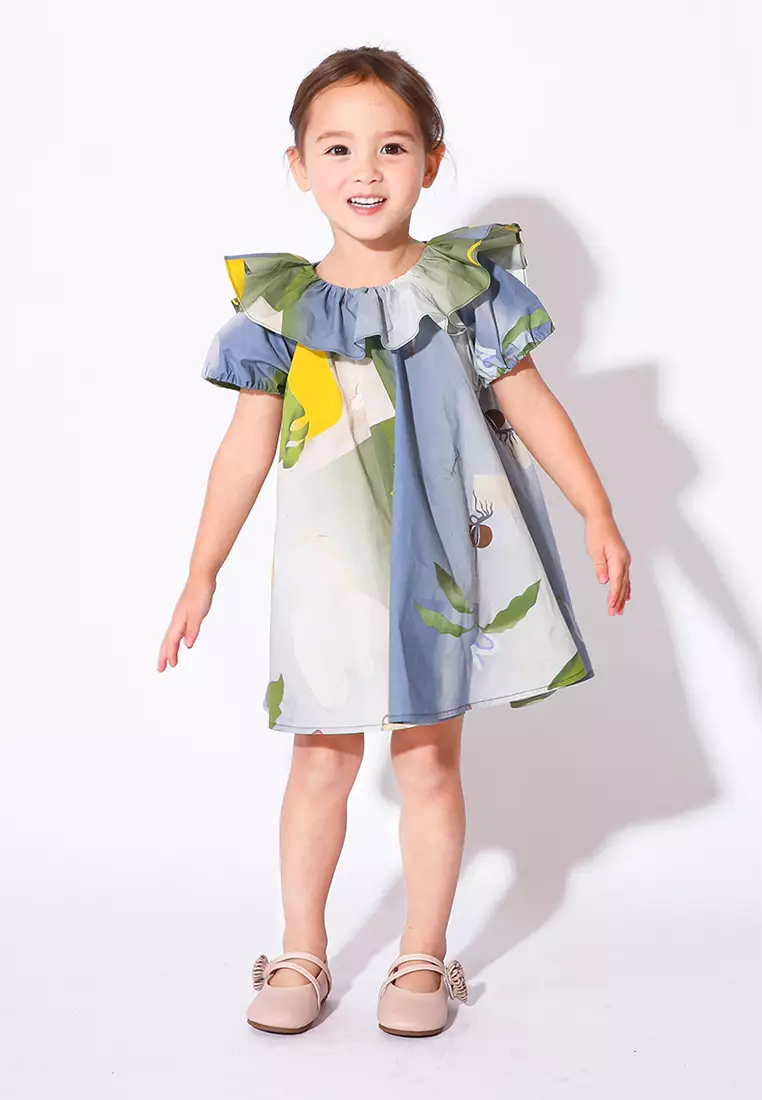 Short Sleeve Dress With Multicolour Print And Ruffle Collar