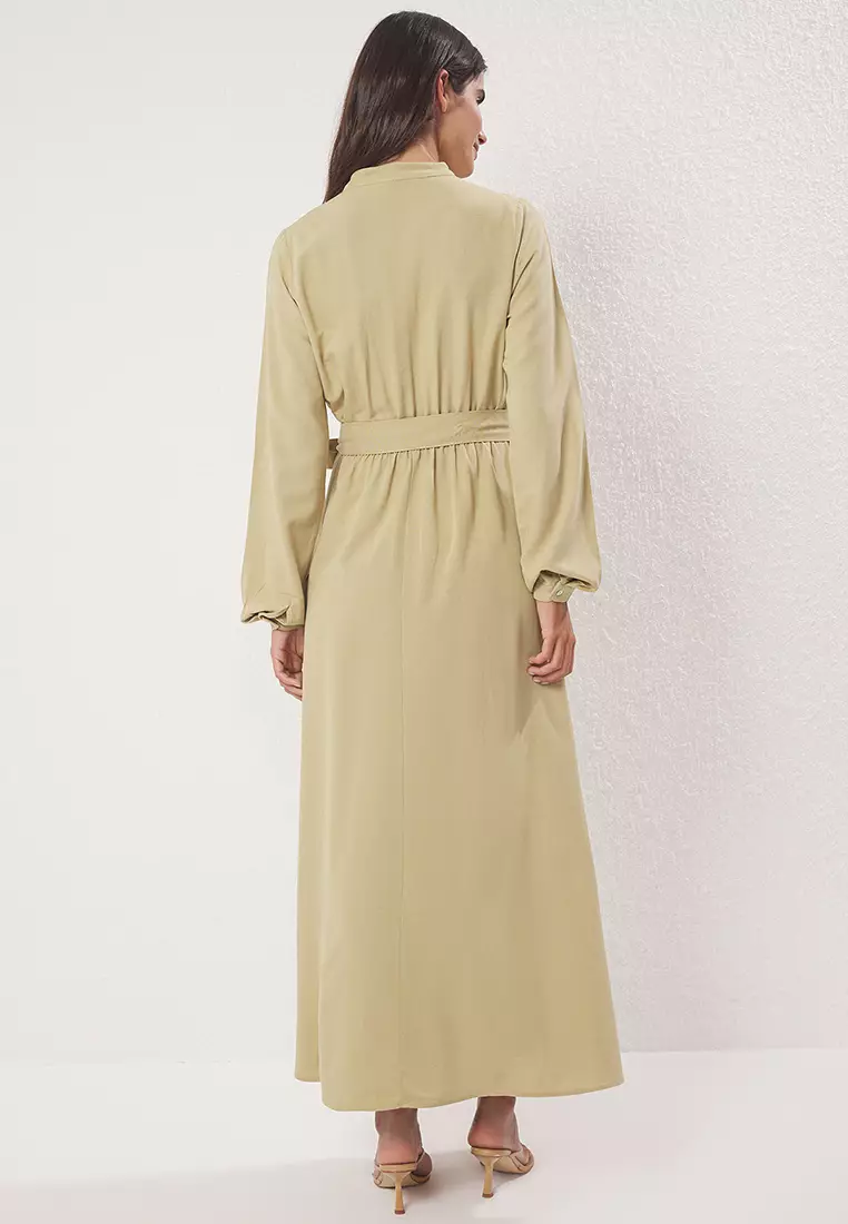 Khaki Elastic Waist Linen Woven Dress TCTSS25EB00124