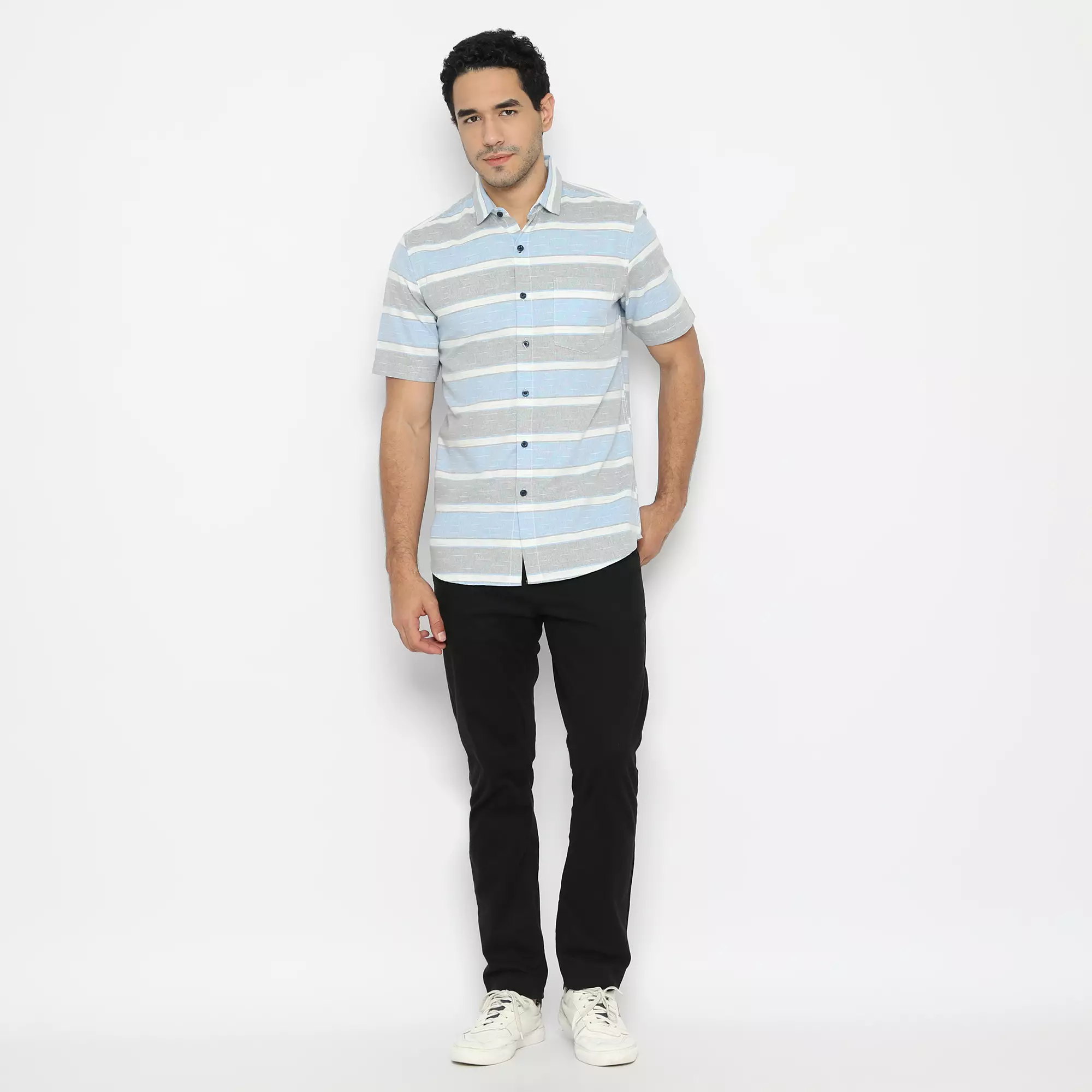 Platini Kemeja Motif Salur Pria Lengan Pendek Katun Biru 73265