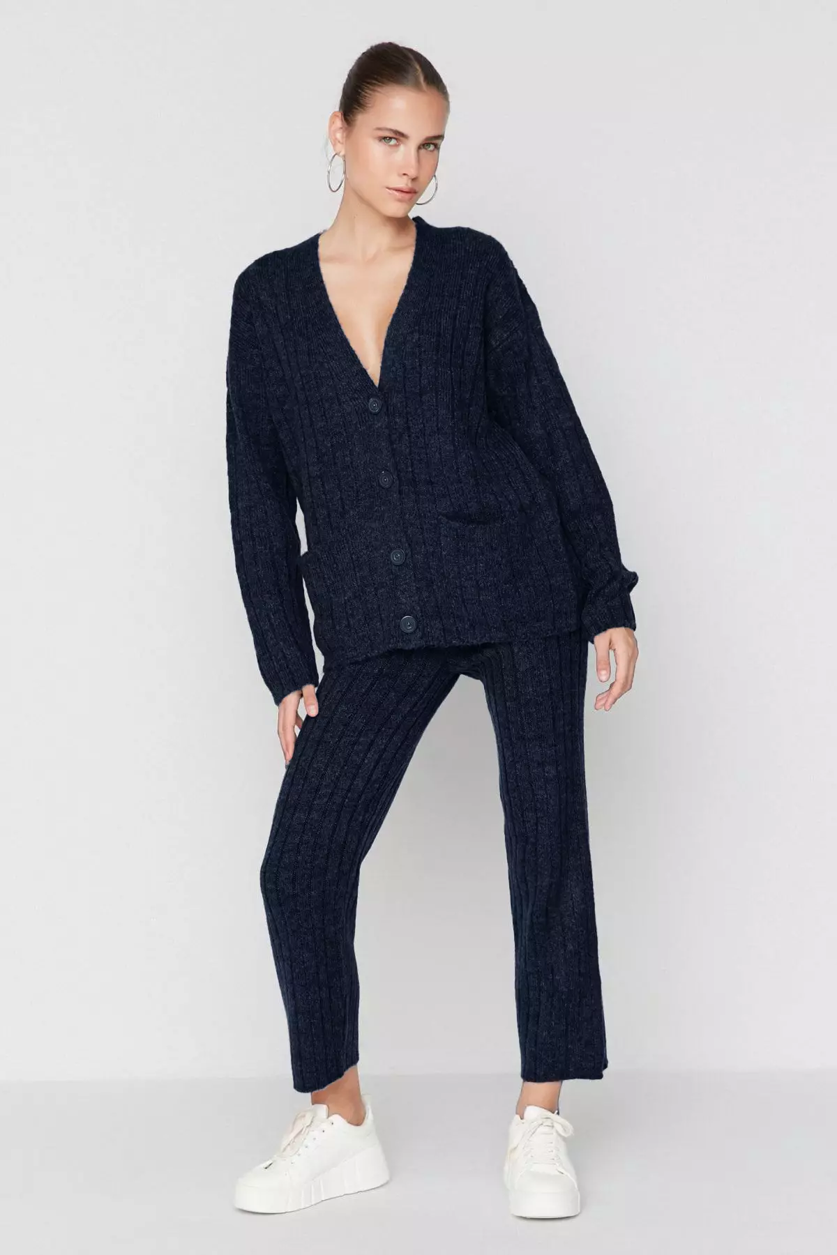 Navy Blue Wide Fit Soft Textured Knitwear Bottom - Top Set Twoaw22Au0128