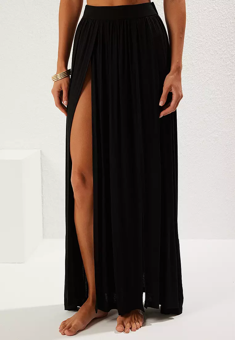 Black Maxi Knitted Slit Beach Skirt
