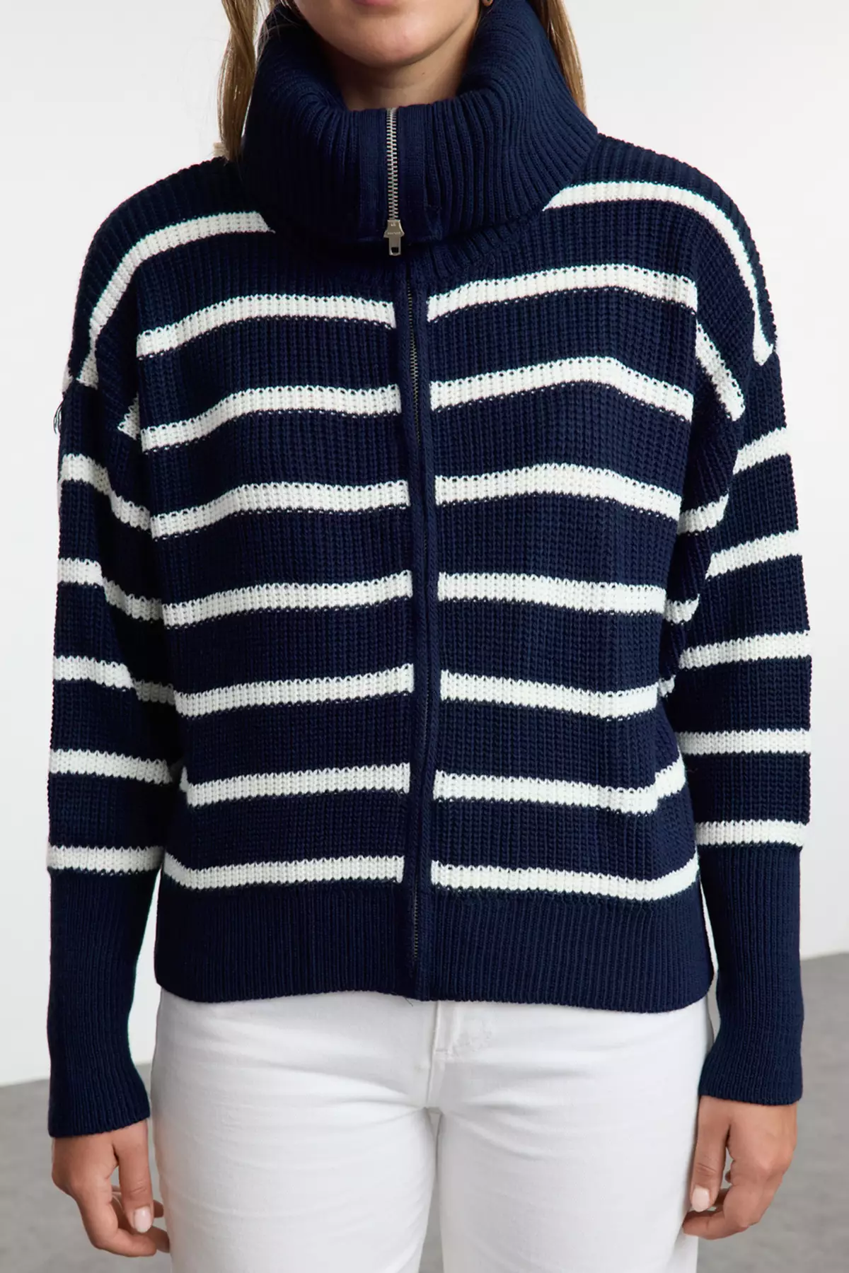 Navy Blue*001 Striped Wide Pattern Turn-Down Collar Zippered Knitwear Cardigan