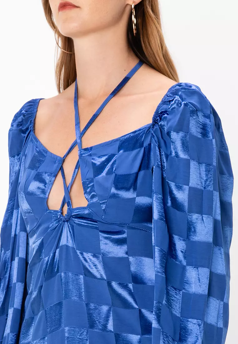 Satin Checkerboard Jacquard Midi Dress With Tie Neck Detail